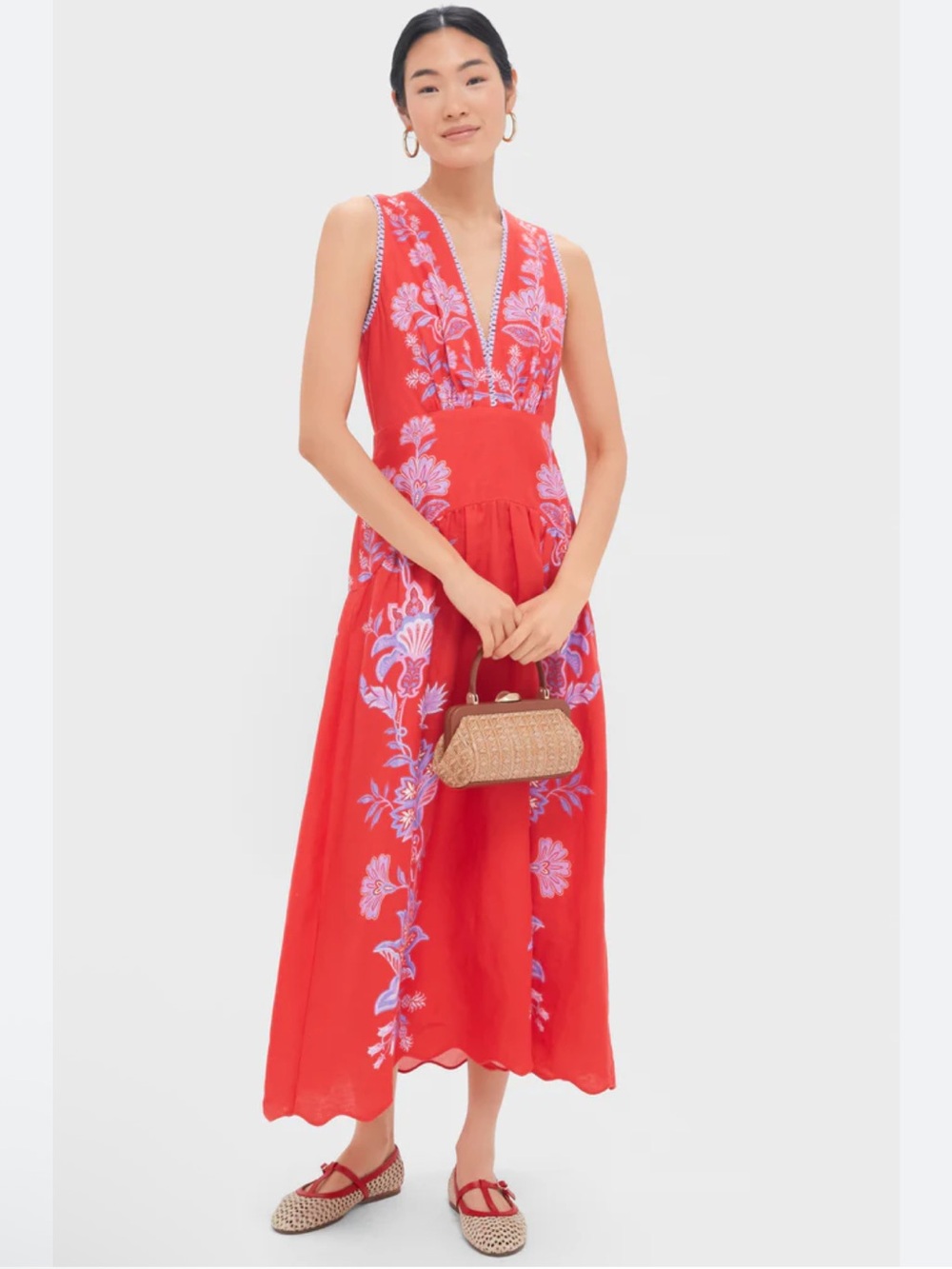 FARM Rio Red Linen Maxi Dress with Lavender Floral pattern
